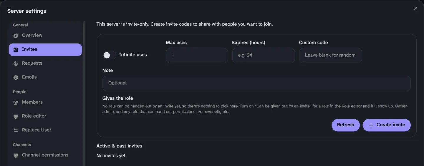 The Invites tab in Server settings, with fields for max uses, expiry, a custom code and a note, and a Create invite button